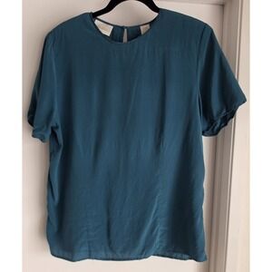 Christie & Jill Blouse Size L Short Sleeve Teal Silk Women's Top